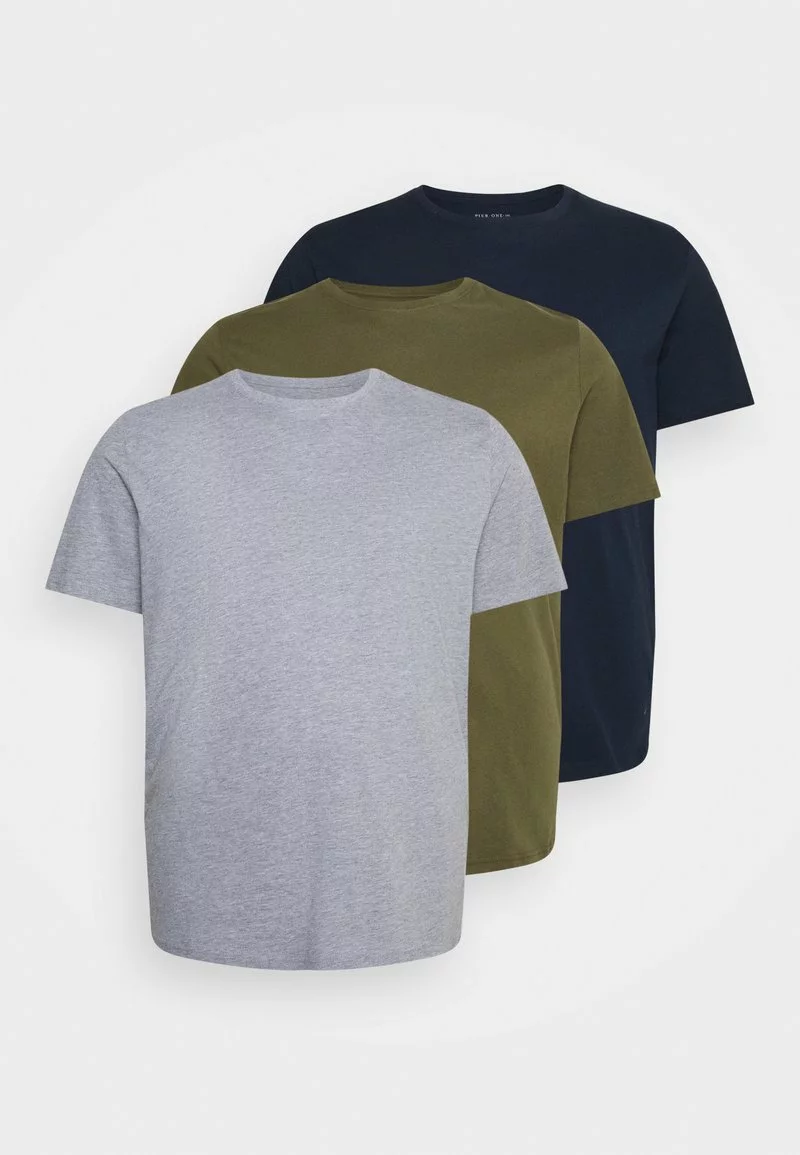 Pier One Uomo 3 PACK - T-shirt Basic - Olive/dark Blue/grey 3 Pier One Uomo 3 PACK - T-shirt Basic - Olive/dark Blue/grey