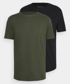 Pier One Uomo 2 PACK - T-shirt Basic - Black/khaki